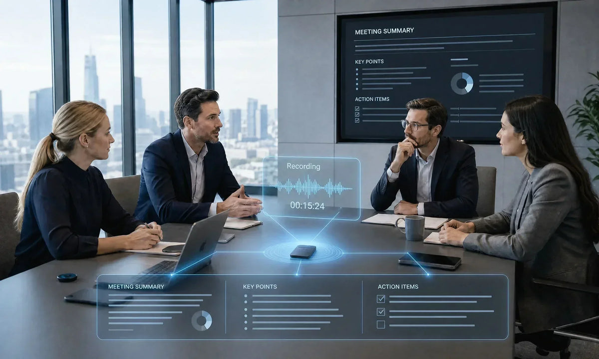 Business team around a conference table, with a smartphone projecting a holographic meeting summary and recording indicator.