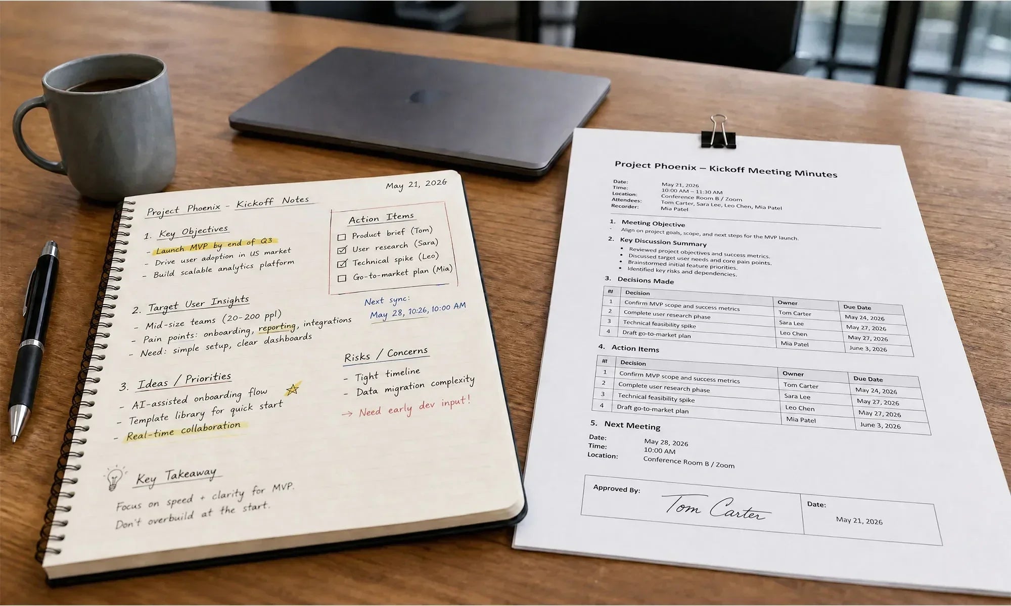 Handwritten Project Phoenix kickoff notes beside typed, signed meeting minutes on a desk.