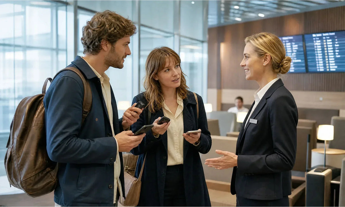 Three professionals in a bright room compare smartphones and a translator device during a business discussion.