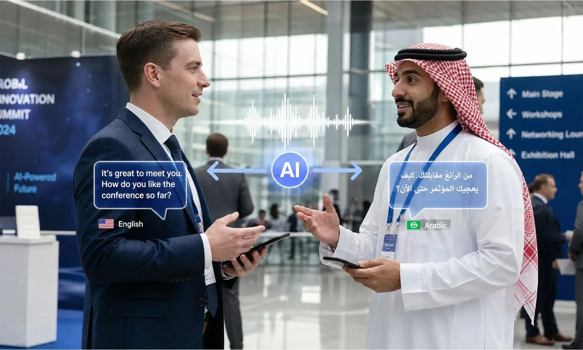 Two men in profile using smartphones with an AI translation icon between them, English and Arabic speech bubbles visible.
