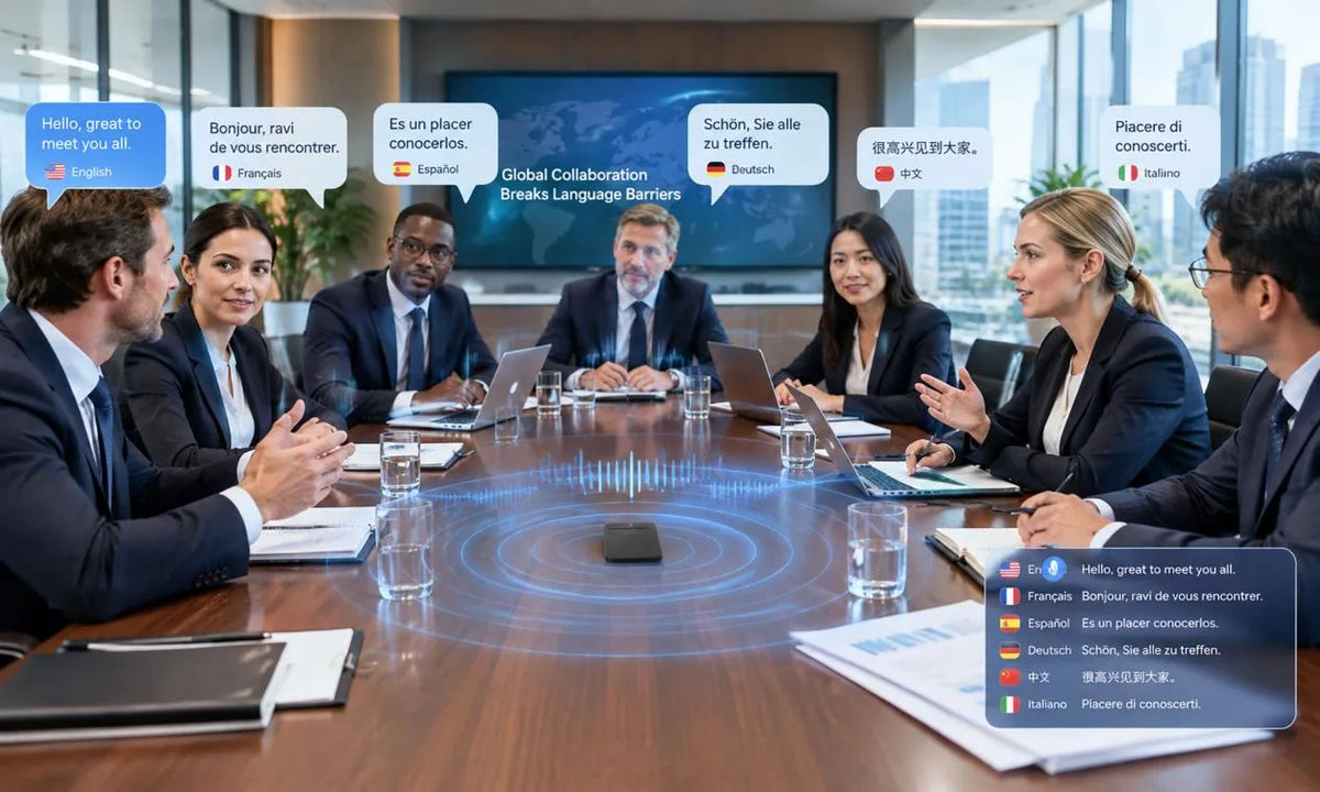 Seven people in suits at a table with multilingual speech bubbles and a phone with sound waves.