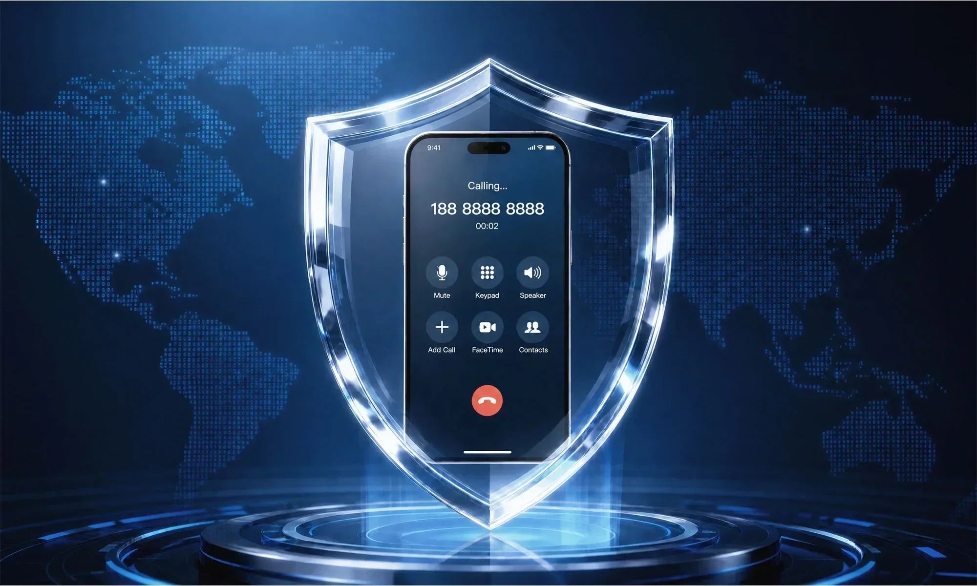 Smartphone with 'Calling...' screen inside a glowing shield, set against a blue digital world map.