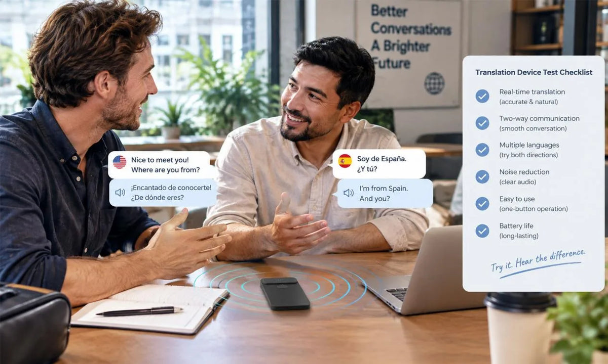 Two men talk at a table with a translation device, speech bubbles, and a test checklist.