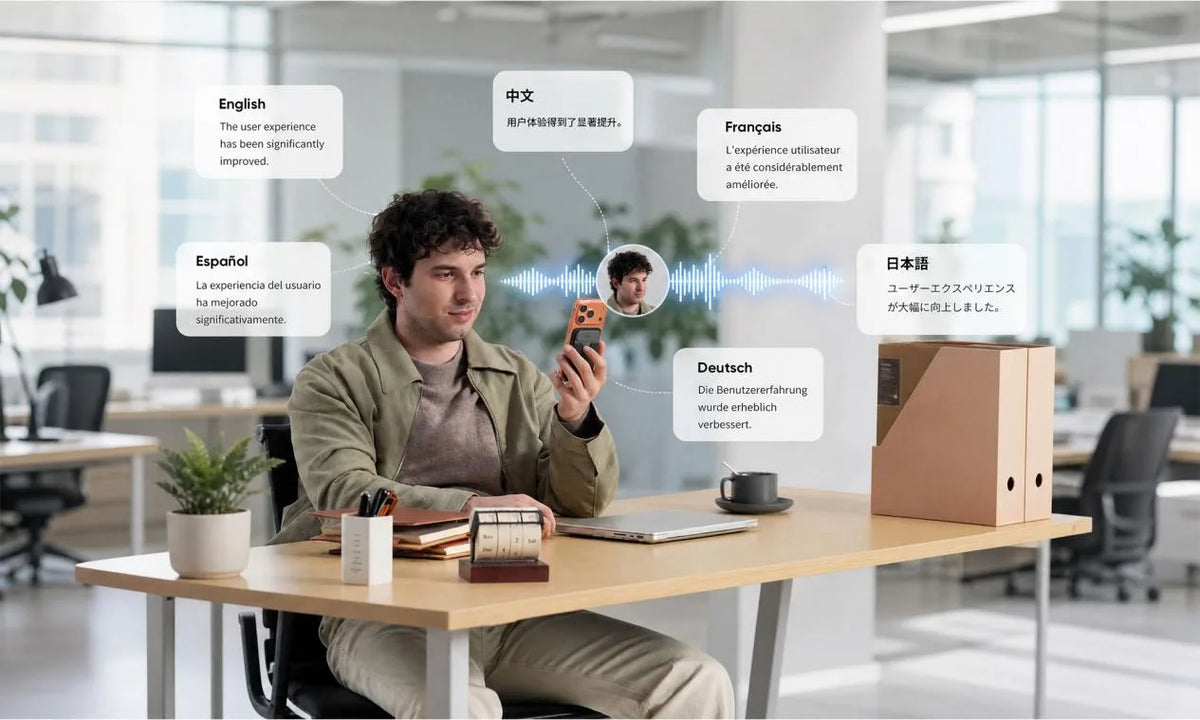 Man at desk with multilingual speech bubbles and blue audio waveforms.