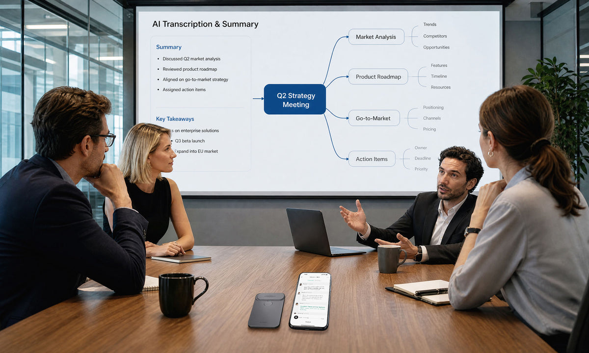 Business team using InnAIO for real-time translation, transcription, and AI meeting summaries
