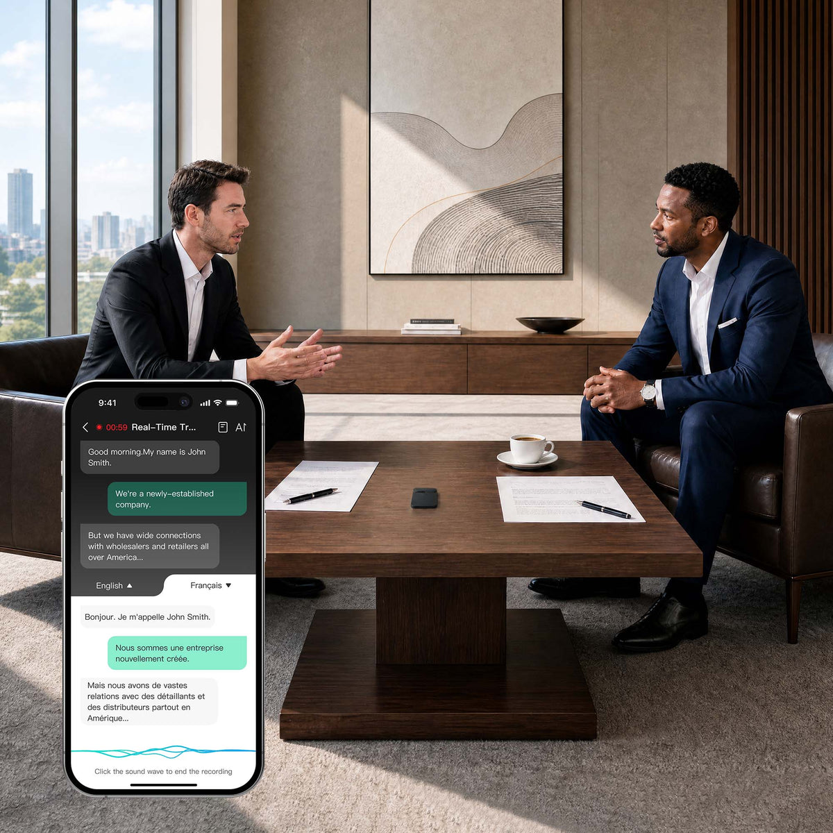 Business professionals using InnAIO for clear multilingual conversations