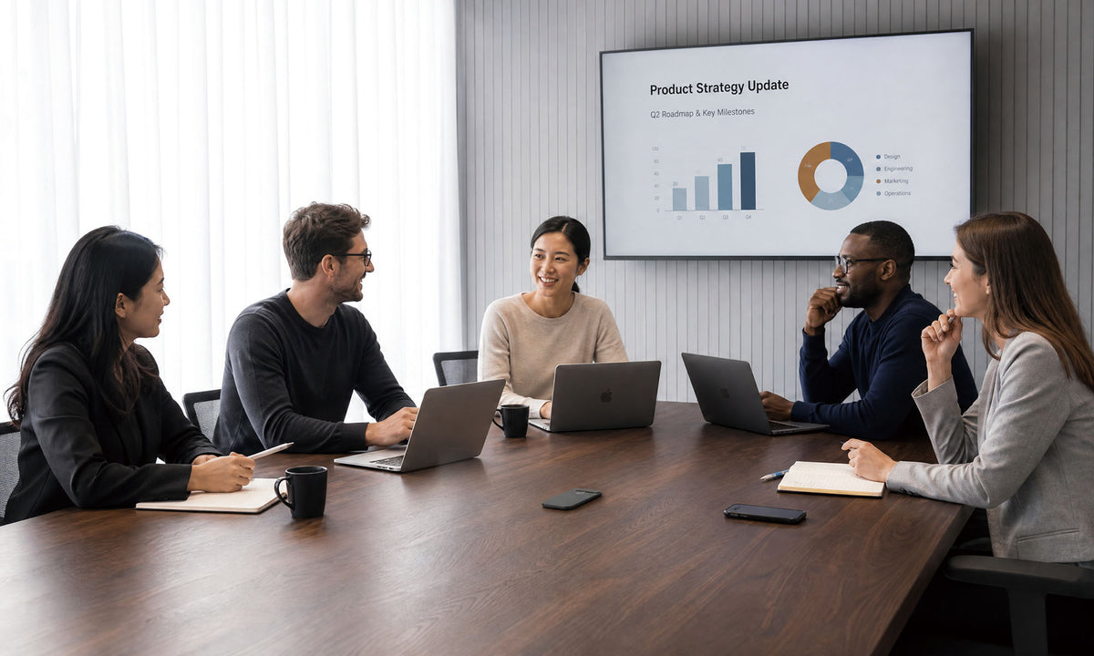 International team using real-time translation during an in-person business meeting