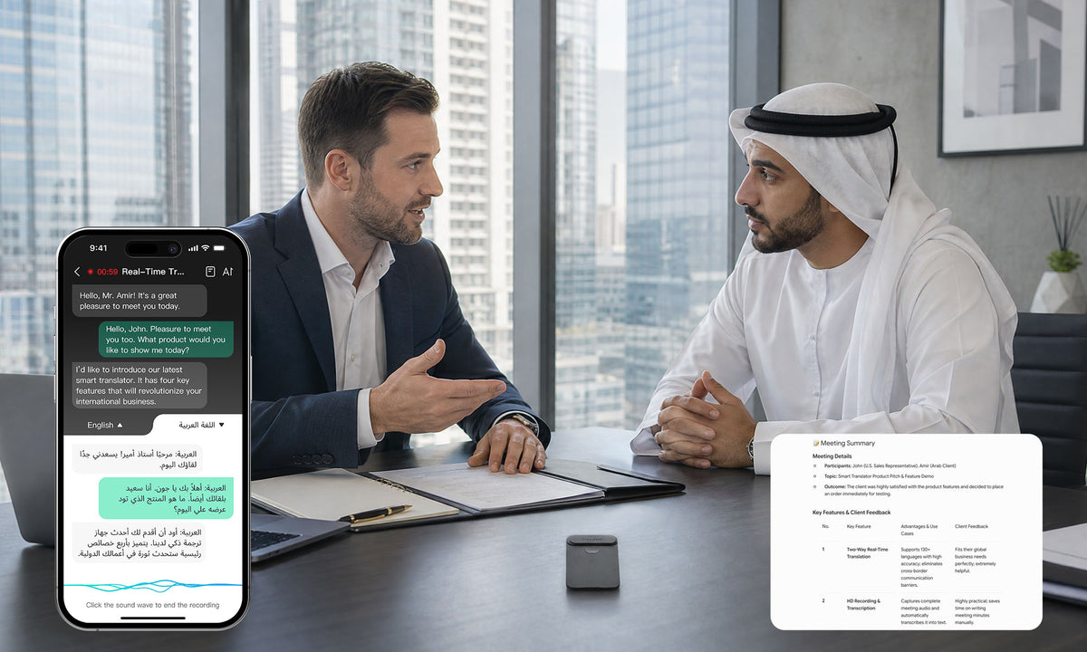 Global sales team using InnAIO translation during a cross-border client meeting