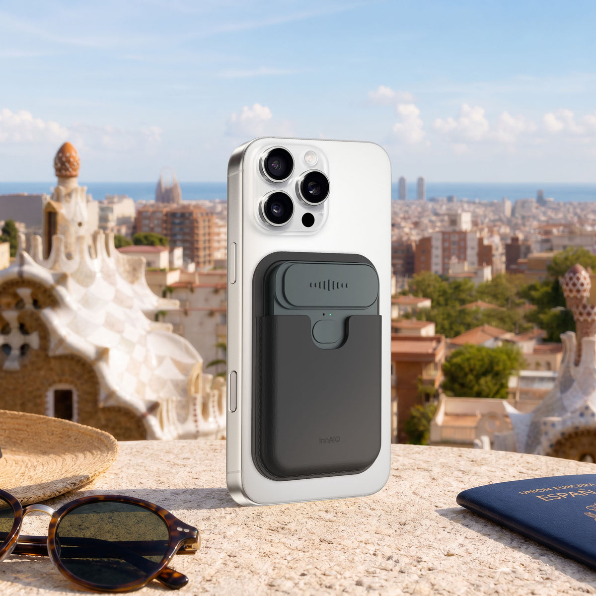 InnAIO translator attached magnetically to a smartphone for hands-free translation