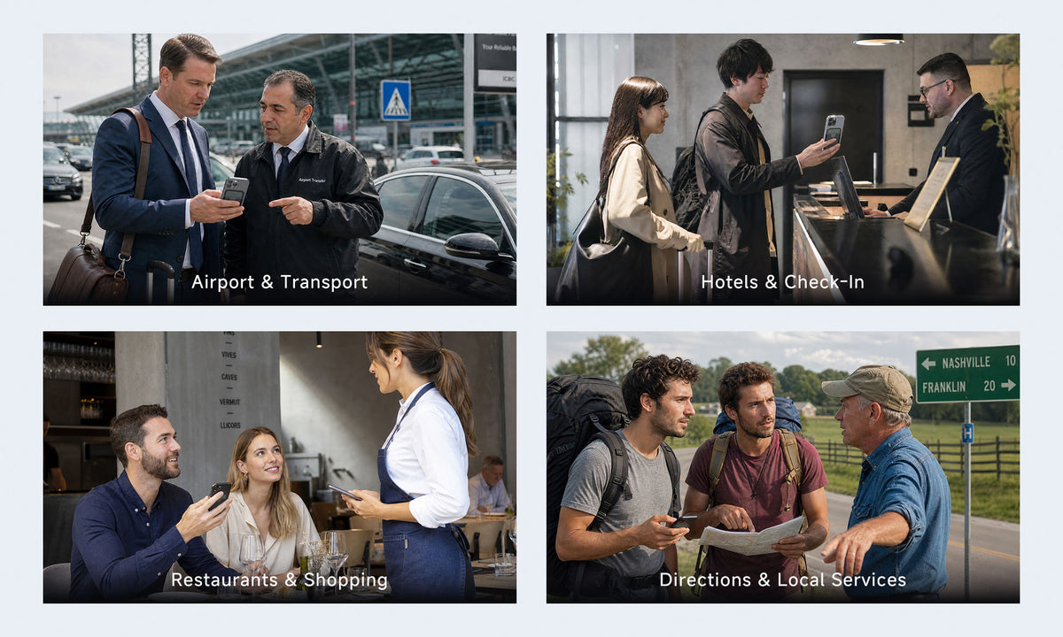 Travelers using InnAIO translation in airports, restaurants, and city destinations