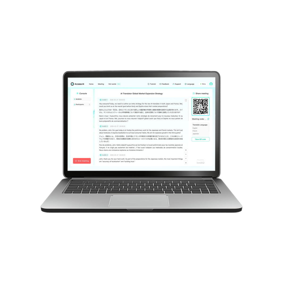 InnAIO web console for organizing multilingual recordings, transcripts, and AI summaries