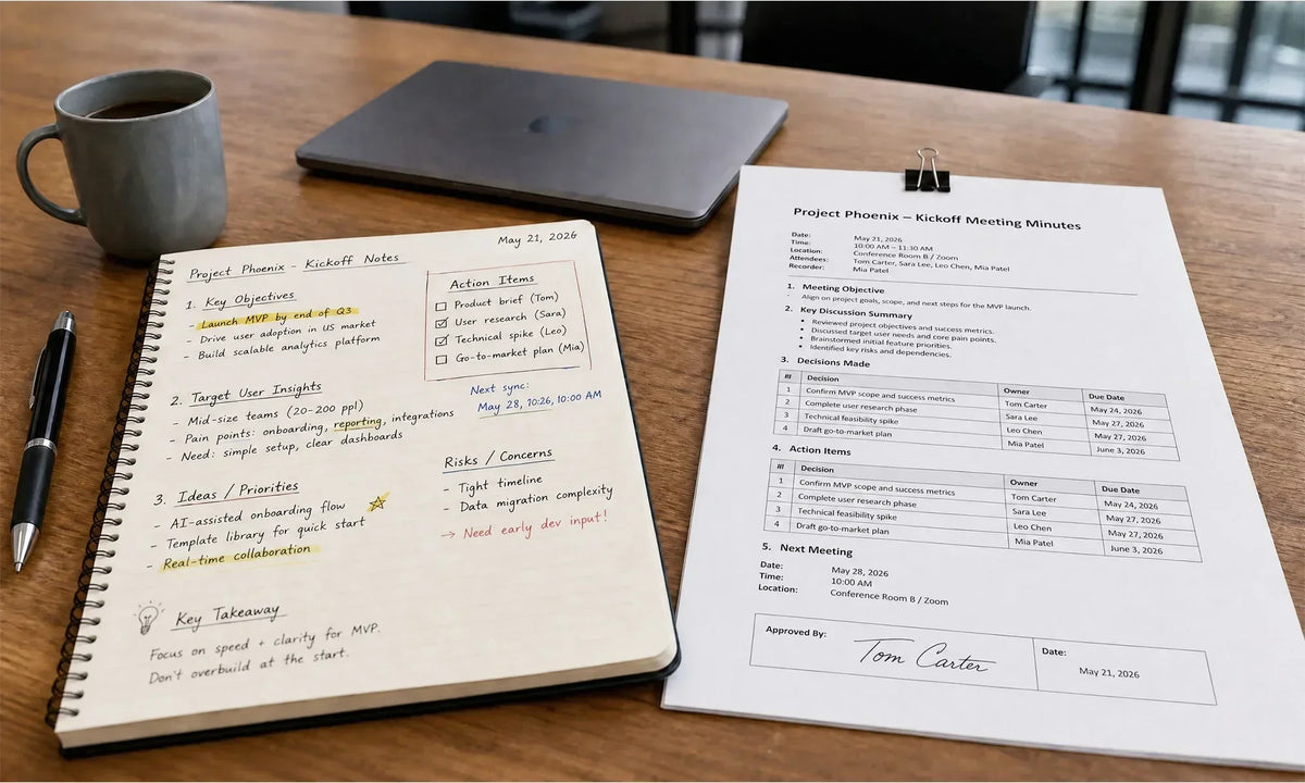 Handwritten Project Phoenix kickoff notes beside typed, signed meeting minutes on a desk.
