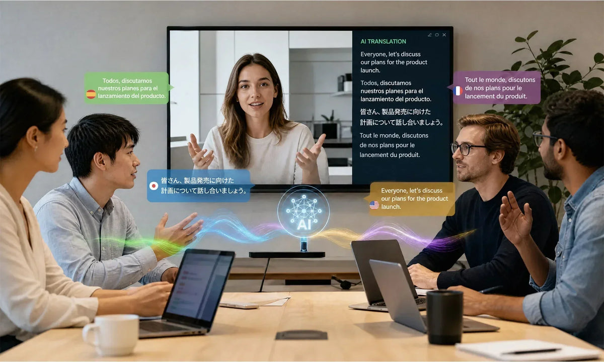 A diverse team uses AI-powered translation during a hybrid meeting, with speech bubbles and a glowing AI hub on the table.