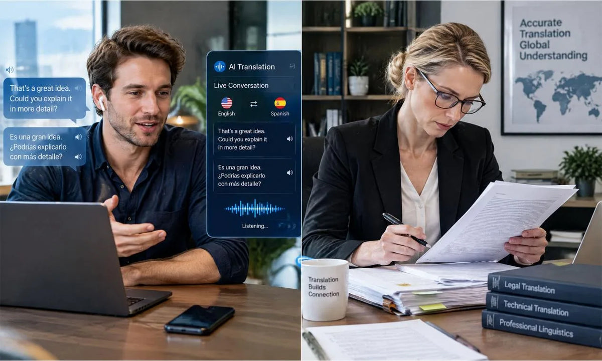 Split-screen man and woman with AI Translation panel, US and Spain flags, and translated conversation bubbles.
