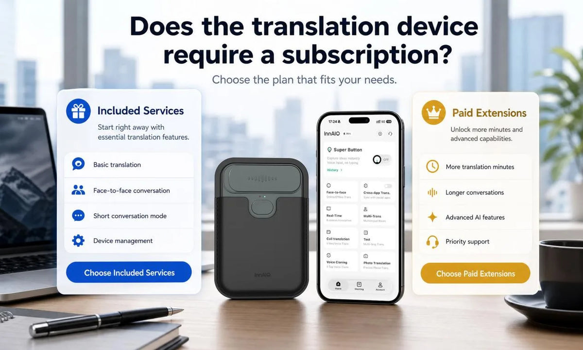 Comparison of Included Services and Paid Extensions for a translation device.