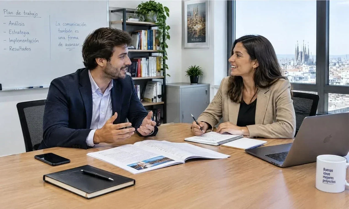 Man and woman talking across a table with notebooks, laptop, and mug
