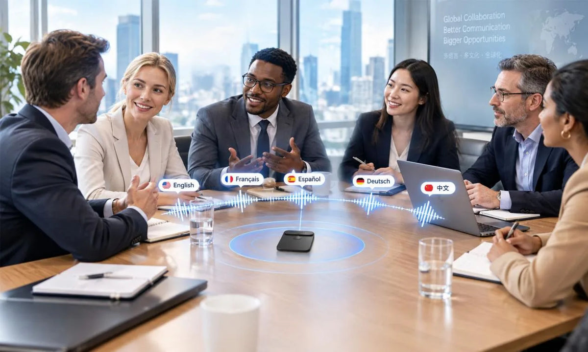 Business people at a table with language labels and a translation device