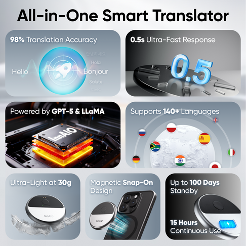 InnAIO T10 AI Translator (Type-C) | World #1 Voice Cloning, 0.5s Live Translation