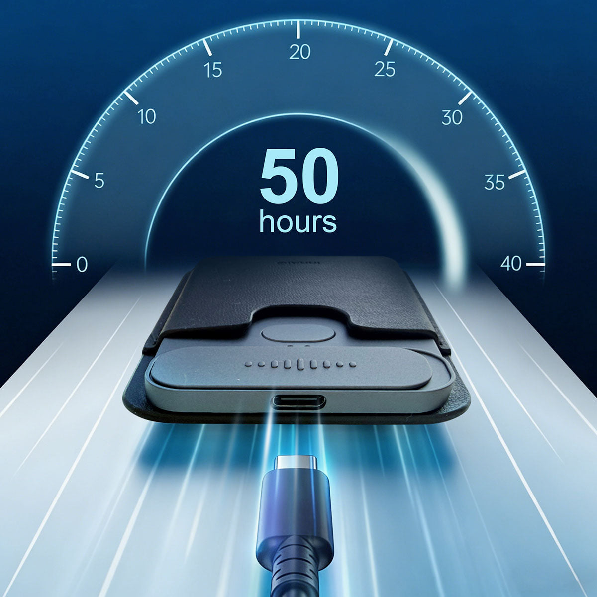 InnAIO TransNote recorder with charging cable and 50-hour graphic