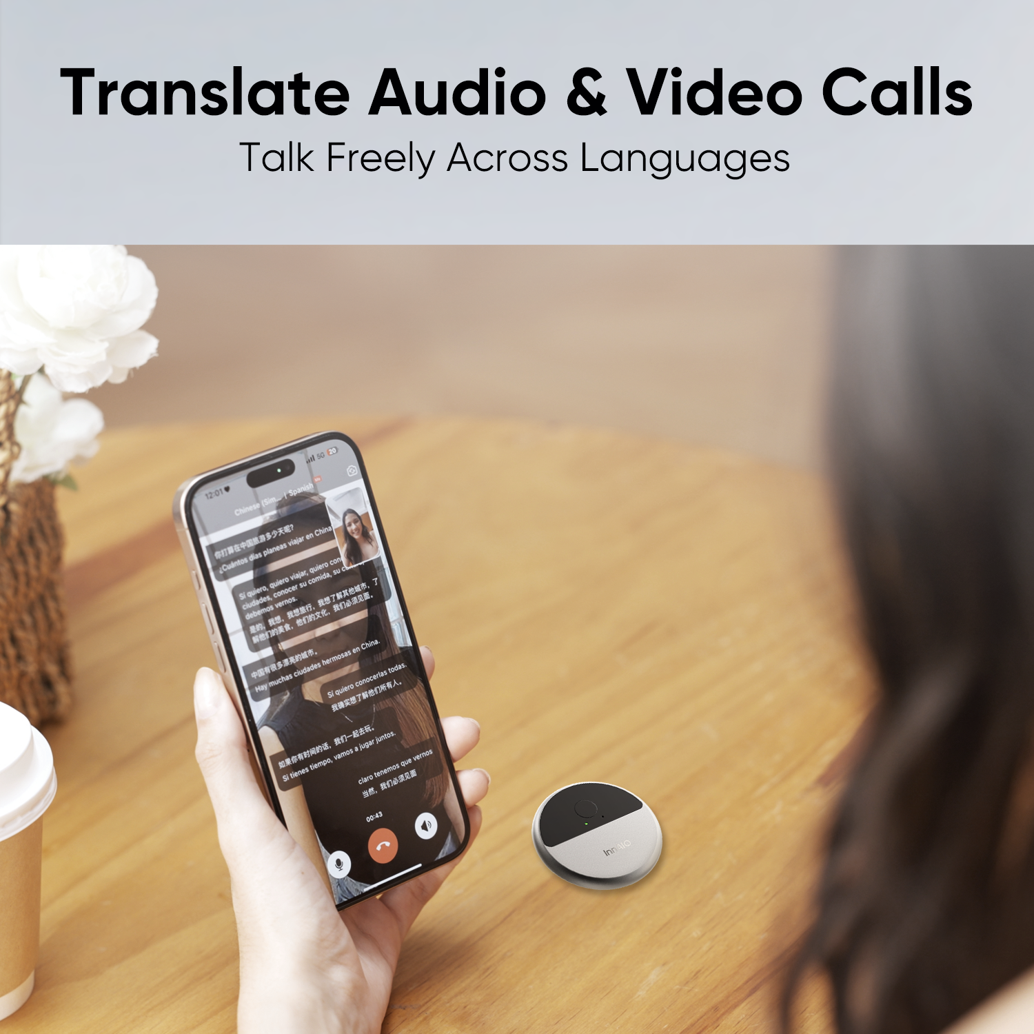 InnAIO T10 audio and video call translation graphic
