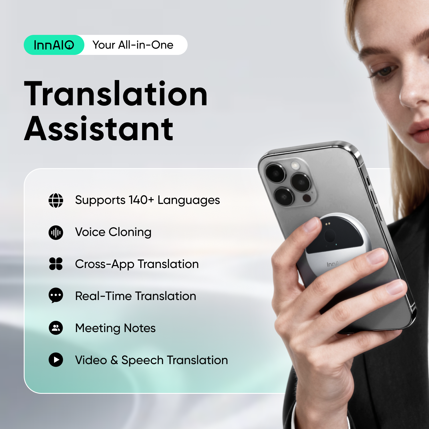 InnAIO T10 AI Translator (Type-C) | World #1 Voice Cloning, 0.5s Live Translation