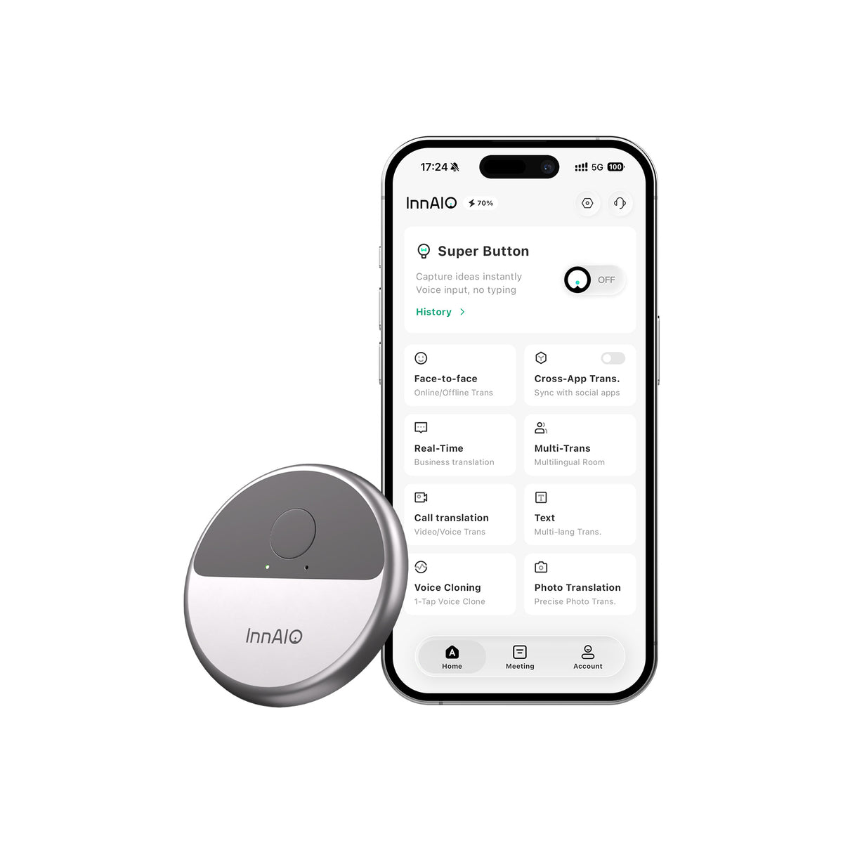 InnAIO mobile app for real-time translation, recording, transcription, and AI summaries