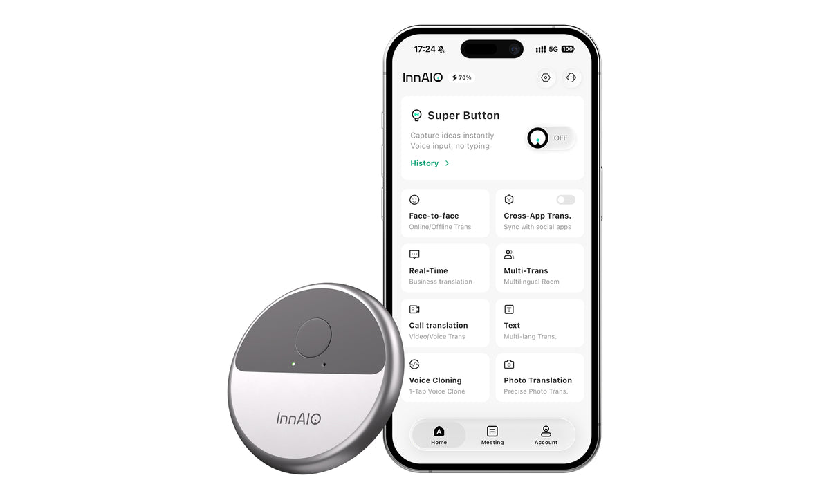 InnAIO mobile app for real-time translation, recording, transcription, and AI summaries