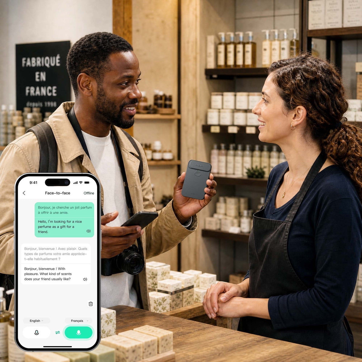 Two people using InnAIO face-to-face translation during a conversation