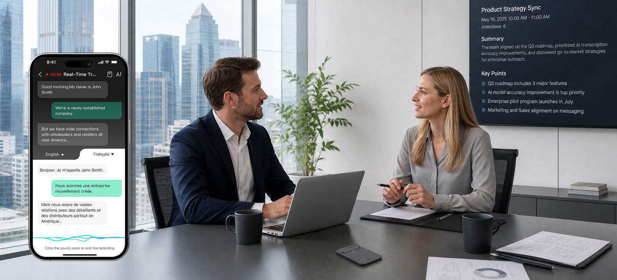 Business meeting captured as a translated transcript, summary, and action items