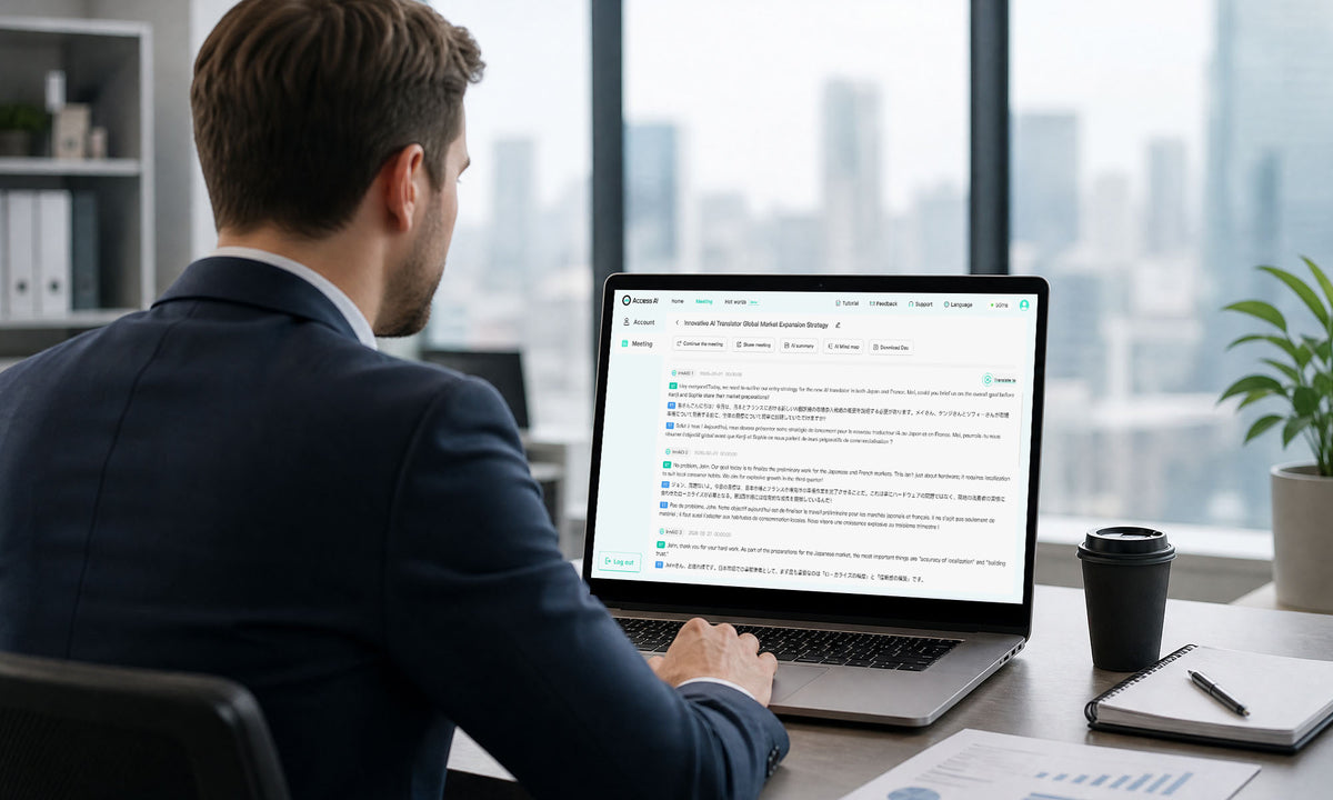 Remote team using InnAIO for live translation during an online business meeting