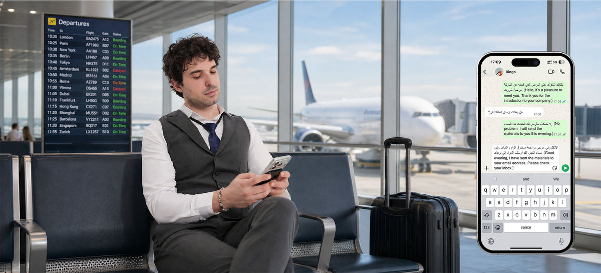 Traveler using InnAIO for real-time translation during an international trip