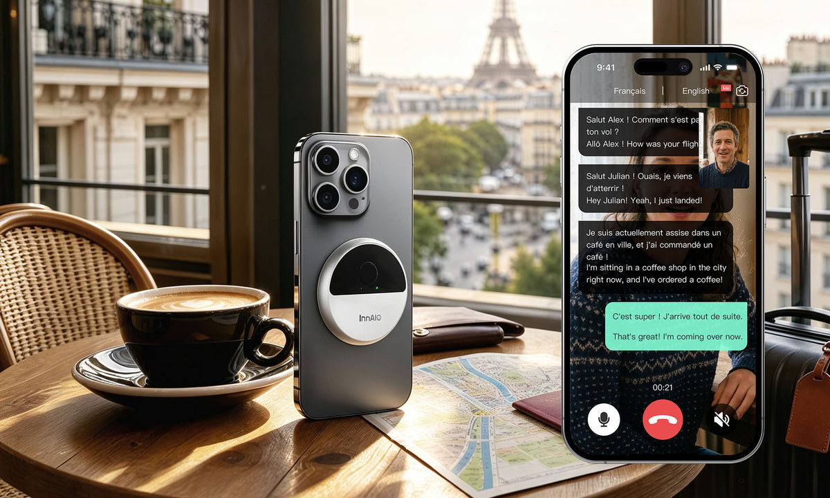 International traveler using InnAIO for conversations, calls, and travel translation