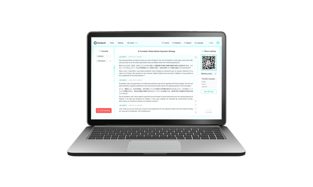 InnAIO web console for organizing multilingual recordings, transcripts, and AI summaries