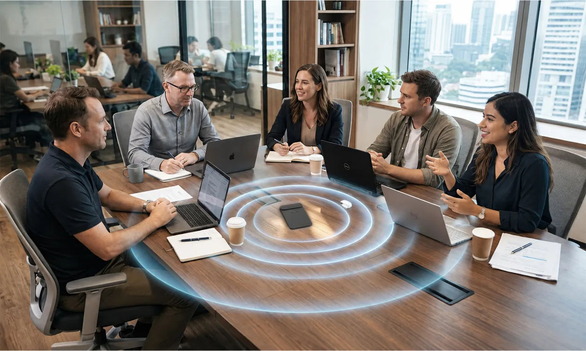 Five people at a wooden table with a glowing blue circular graphic.